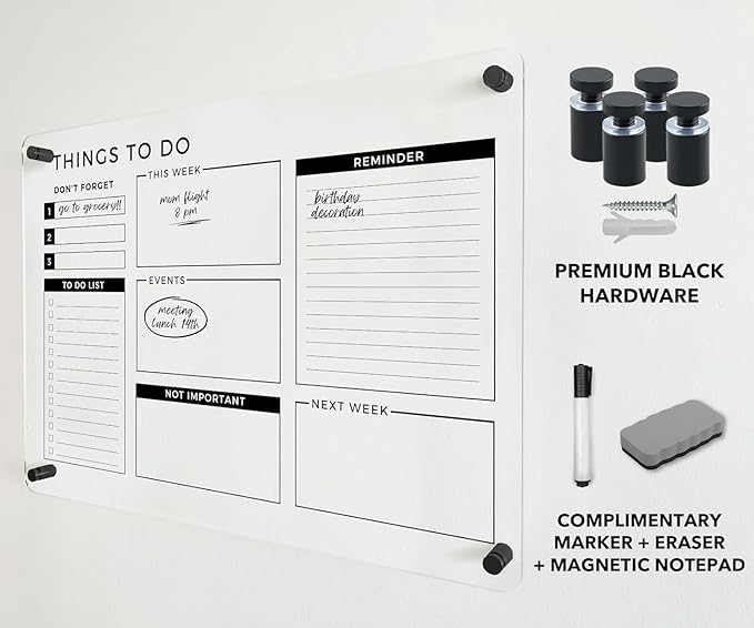 Acrylic Premium Wall Planner - Large Glass Calendar for Wall - to Do List Reminder - Large Dry Erase Board - Reusable Board for Office and Home - Dry Erase Board (Black Standoff, 18"x14" (Small))