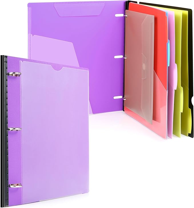 WOT I Telescoping Project Organizer, Refillable 3 Ring Binder with Dividers and Pockets, 13 Pocket Folders, 1 Inch 3 Rings, Purple