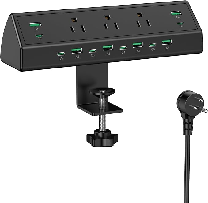 Jgstkcity 90W Desk Clamp Power Strip,12 USB Ports (6 PD 45W USB-C),Surge Protector,ETL Listed Power Hub Extension Cord,Fast Charging Station for Home Office Desk Edge Mount (Black,12 USB-90W)