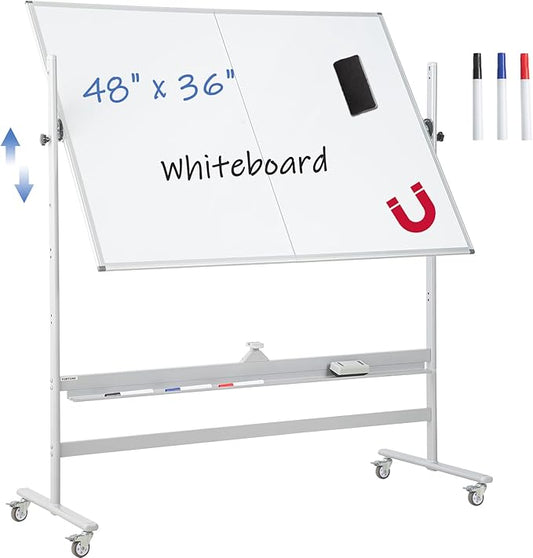 FORTUNO Magnetic Mobile Whiteboard 48"x36", Rolling Double Sided Dry Erase Board with Stand, Reversible Adjustable Height/Angle Easel White Board on Wheels 4' x 3' for Office Classroom Home