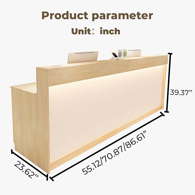 Modern Reception Desk Front Desk with LED Strip Lighting, Lockable Drawers, and Versatile Storage for Office, Checkout (White Maple/Regular Type, 86.61" L*23.62" W*39.37" H)
