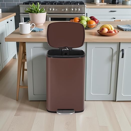 PayLessHere Stainless Steel Trash Can with Lid - Removable Inner Bucket, Foot Pedal Soft Close for Office, Home, Kitchen Garbage Bin (Brown, 13 G)
