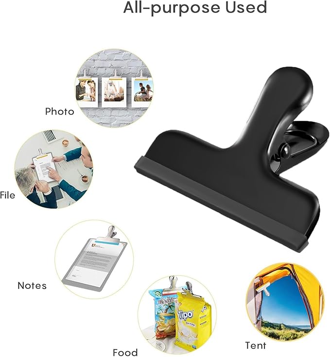 HOUSE AGAIN 12 Pack Stainless Steel Chip Bag Clips Covered with Silicone - NO More Sharp Edges - Color Coded for Food Bags - Air Tight Seal, Heavy Duty for Kitchen and Office, 3 Inches Wide, Black