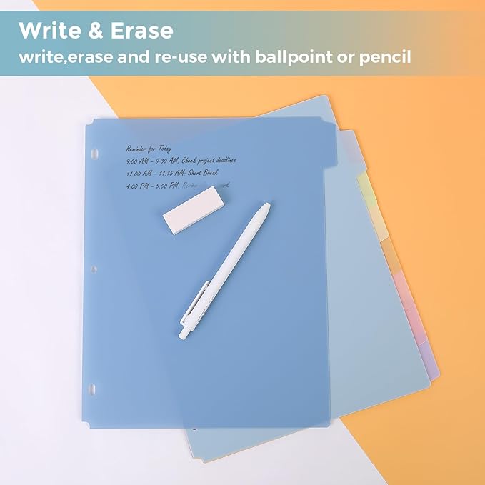SKYDUE Durable Plastic 8-Tab Dividers, Big Tab Dividers for 3 Ring Binder, Write & Erase 3 Ring Binder Dividers with Tabs, with Sticker Labels, 1 Set, Pastel Color