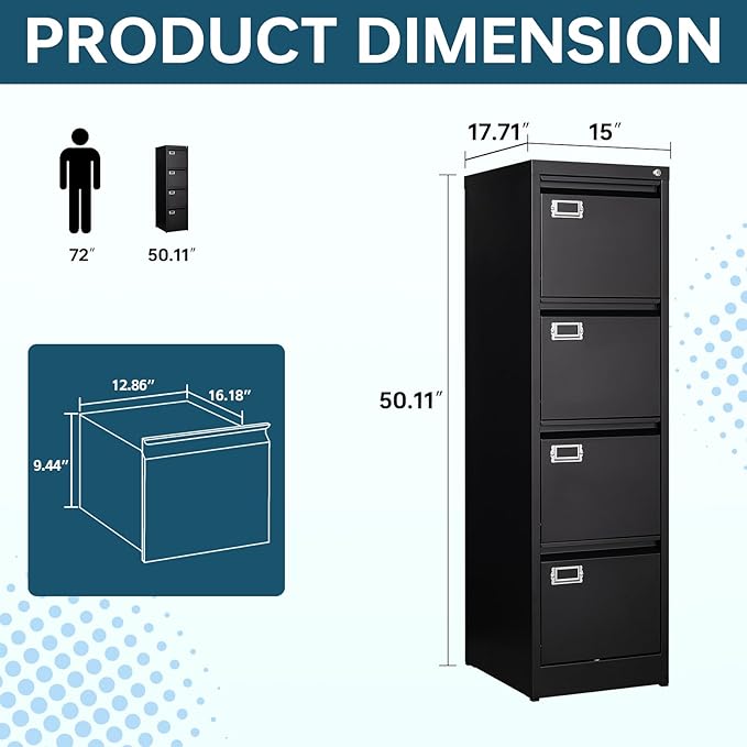 MIIKO 4 Drawer Filing Cabinets with Lock, Metal File Cabinet with 4 Drawers, Home Office File Folders Cabinet for Letter Legal A4 File Size