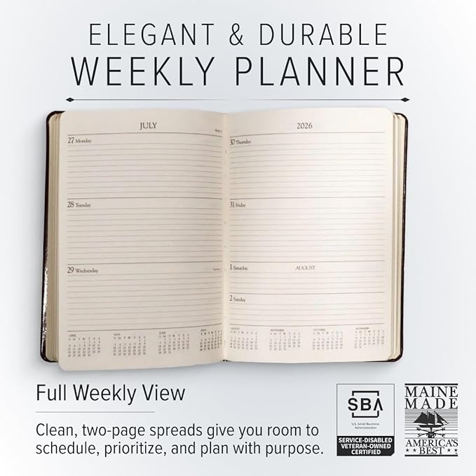 Gallery Leather Desk Weekly Monthly Planner 2025-2026, Elegantly Bound Calendar Planner and Notebook with Stylish Gold-Gilded Page Edges, 12 Months - Acadia Hydrangea - 8 x 5.5 "