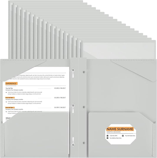 Henoyso 48 Pcs Plastic Folder with Clear Front Pocket and 3 Prongs Heavy Duty Plastic Folders with Card Slot Pocket Folders with Prongs for School Office Home(Grey，White)