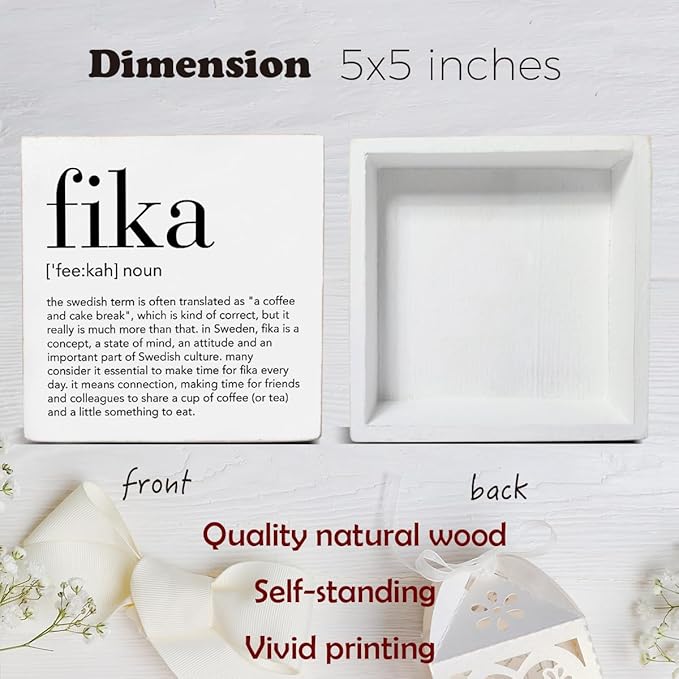 Fika Definition Decor Gift for Friends Colleagues Swedish Fika Decorations Home Office Wood Sign for Desk Table Shelf 5 x 5 Inches