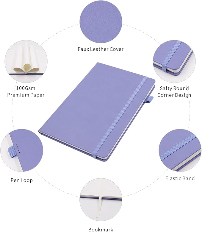 Deziliao Lined Journal Notebooks with Pen Loop, Hardcover Notebook Journal for Work, 100Gsm Premium Thick Paper with Inner Pocket, Medium 5.7"x8.4", （Purple, Ruled）