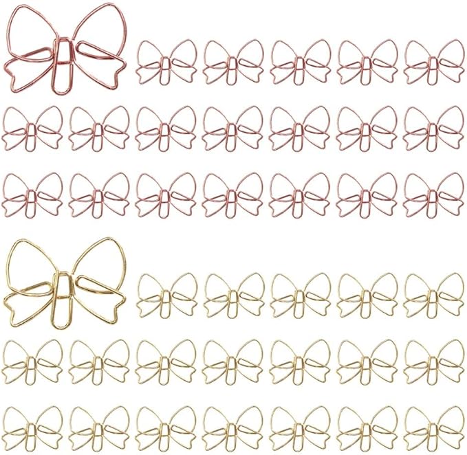 OWLFAVO Bowknot Shape 40pcs Paper Clips with Clear Box, Rose Gold and Yellow Gold, Funny Cute Paperclips Bookmarks Planner Clips for Fun Office Supplies School Gifts Wedding Decoration