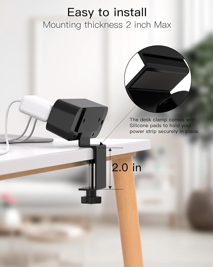 Desk Clamp Power Strip 10ft Flat Plug Extension Cord with USB C, 2 Outlets, Surge Protector USB C (PD 20W), USB A(QC 18W) Fast Charging Ports,Table Outlets for Home, Office, Black