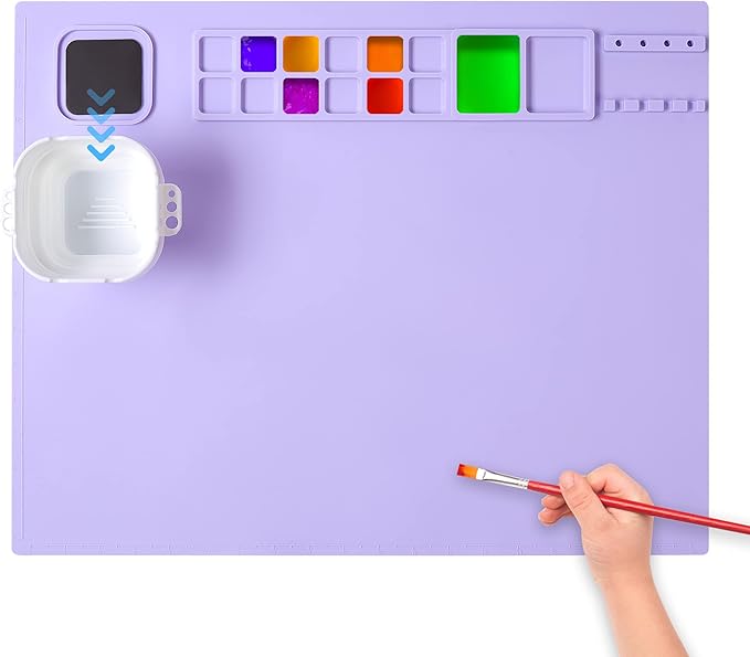 AWOKE Silicone Painting Mat - 20"X16" Silicone Art Mat with 1 Water Cup for Kids - Craft Mat has12 Color Dividers - 2 Paint Dividers (Purple)