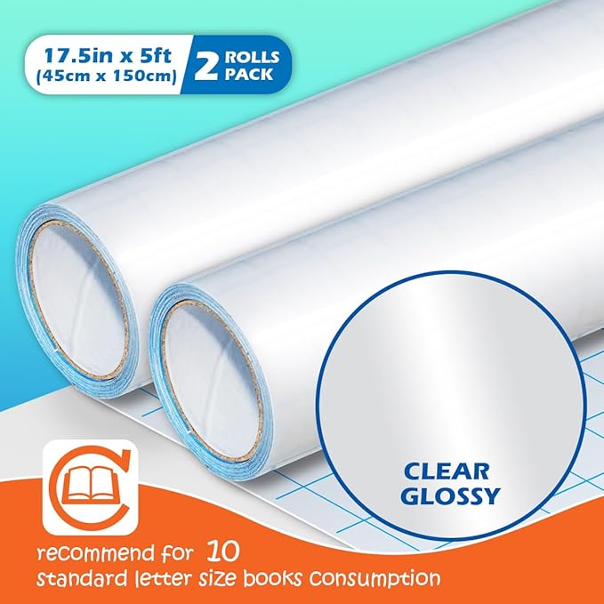 Olivo 2 Pack Clear Contact Paper Roll for Books Crafts 17.5in x 5ft Peel and Stick Adhesive Book Cover Plastic Protector