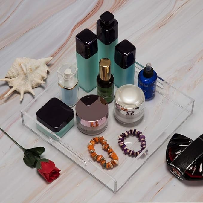 Clear Sturdy Acrylic Serving Tray with Handles - 10x10Inch - Coffee, Appetizer, Breakfast, Butler Tray - Kitchen Countertop & Vanity Table Organizer