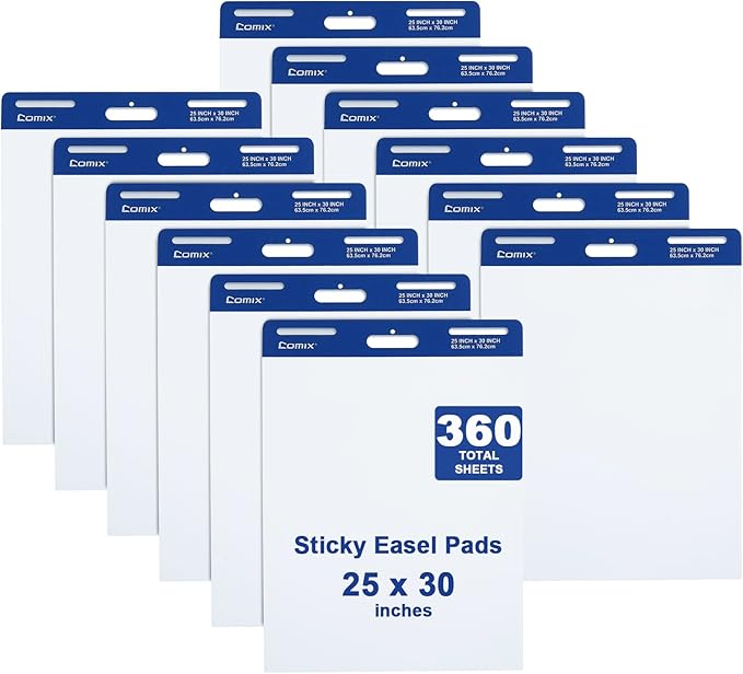 Comix Sticky Easel Pad, 25 x 30 Inches Flip Chart Paper for Teachers, Large Self Stick Easel Paper for Office School Classroom Supplies, 30 Sheets/Pad, 12 Pads/Pack