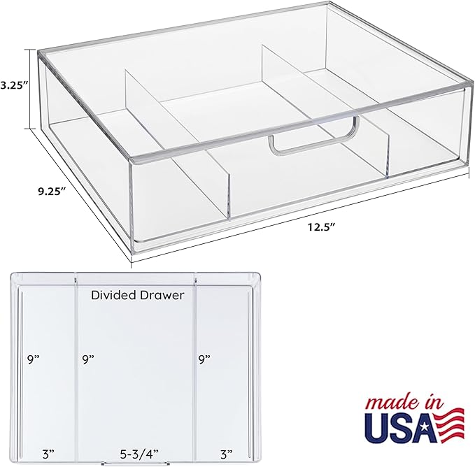 STORi STAX Plastic Stackable Organizer Divided Drawer in Clear | 12.5-inches Wide | 3-Compartments to Organize Office Desk Accessories, Pens, and Notepads| Made in USA