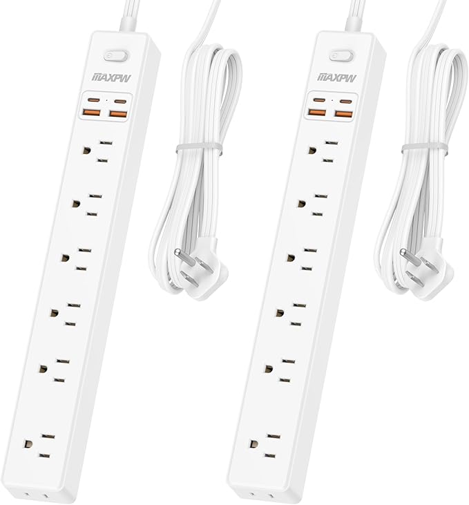 2 Pack Power Strip Surge Protector - 7 Outlets 4 USB Ports (2 USB C), 6 Ft Ultra Thin Flat Plug Extension Cord, 1875W/15A, 1700 Joules, Wall Mount for Home Office Dorm, White