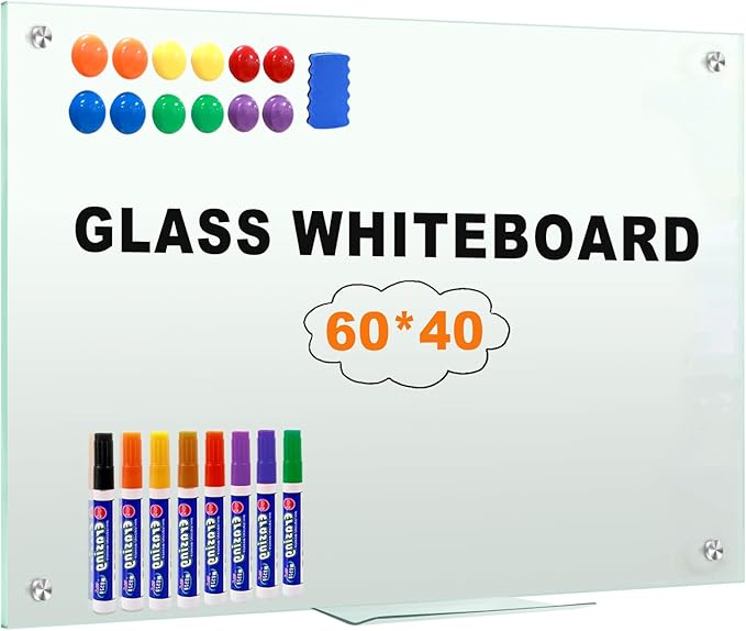 H-Qprobd Glass Whiteboard 60"x40" Magnetic Dry Erase White Board for Wall, Includes 12 Magnets, 8 Markers and 2 Erasers