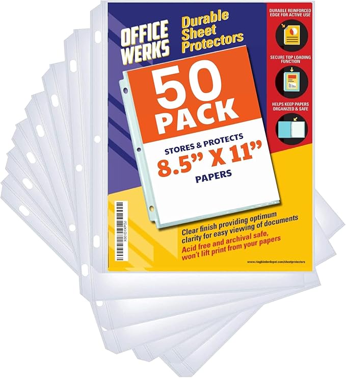Office Werks 50 Clear Sheet Protectors for 3 Ring Binder, 8.5x11 Inch Page Protectors, Top Loading Paper Protector Sheets with Reinforced Holes, Archival Safe for Documents and Photos