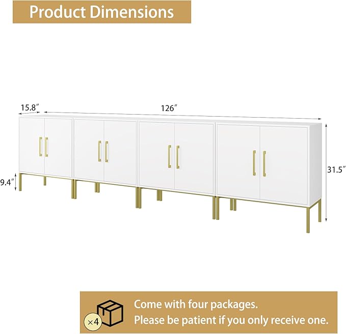LYNSOM Storage Cabinet with Doors, Set of 4, Modern Buffet Cabinet with Storage, Kitchen Sideboard Buffet, White Wood Accent Cabinet for Living Room, Bedroom, Hallway, Entryway, Office, White