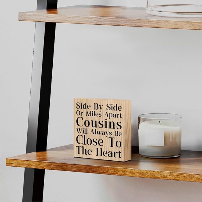 Cousin Wooden Box Sign Decorative Cousins Gifts Home Office Desk Decor for Tabletop Bookshelf Farmhouse Bedroom Living Room Library Dining Room Rustic Square Tiered Tray Wall Decor birthday Wood Color