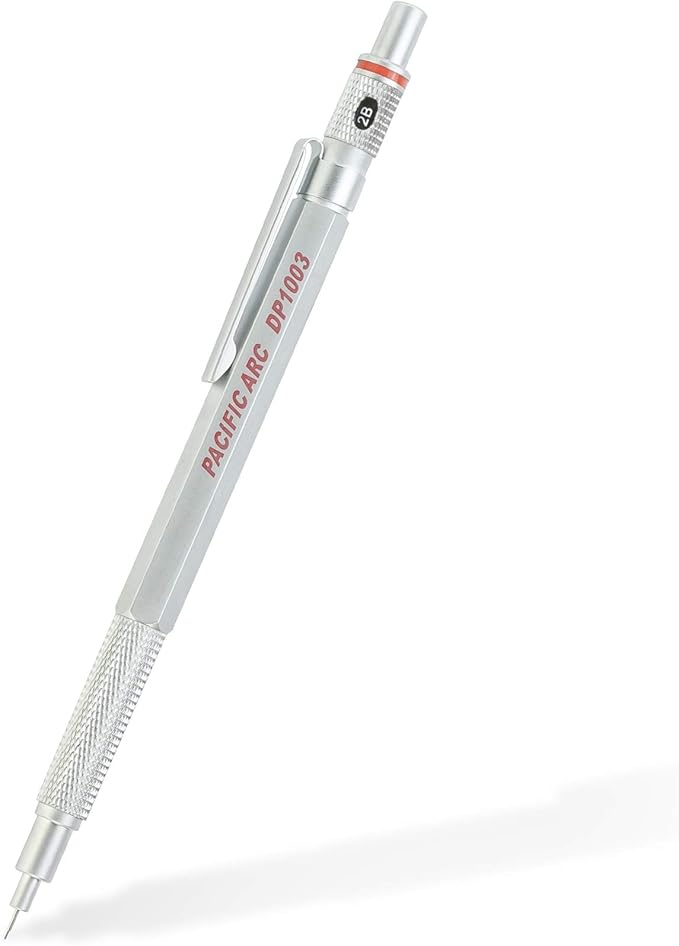 Pacific Arc Chromagraph Metal Mechanical Pencil .3 mm Silver Barrel Mechanical Pencil with Built In Lead Pencil Grade Indicator, Lead Pencil Holder for Drafting, Sketching, and Drawing
