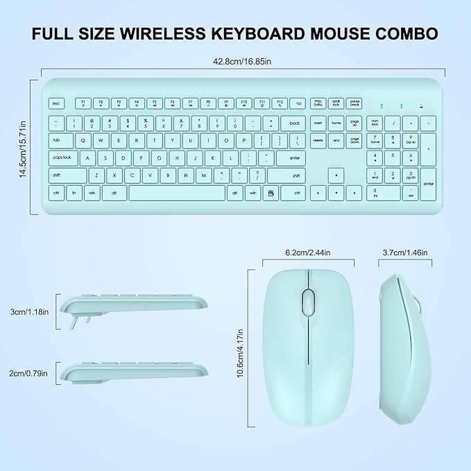 Wireless Keyboard and Mouse Combo, Full Size Silent Ergonomic Keyboard and Mouse, Long Battery Life, Optical Mouse, 2.4G Lag-Free Cordless Mice Keyboard for Computer, Mac, Laptop, PC, Windows(Green)
