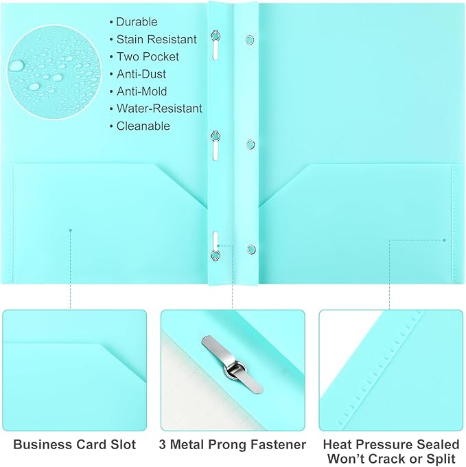 Patelai 48 Pcs Plastic Folders with 2 Pockets and 3 Prongs Home Folders with Card Slot Letter Size Heavy Duty Report Covers for Back to School(Mint Green,Classic)