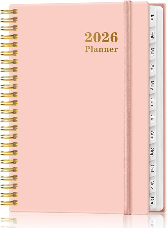 2026 Planner - Weekly and Monthly Calendar Planner from Jan 2026 - Dec 2026, Planner 2026 Spiral Bound with 12 Monthly Tabs, Inner Pocket, Perfect for School Office Supplies, 6.4" x 8.5", Pink