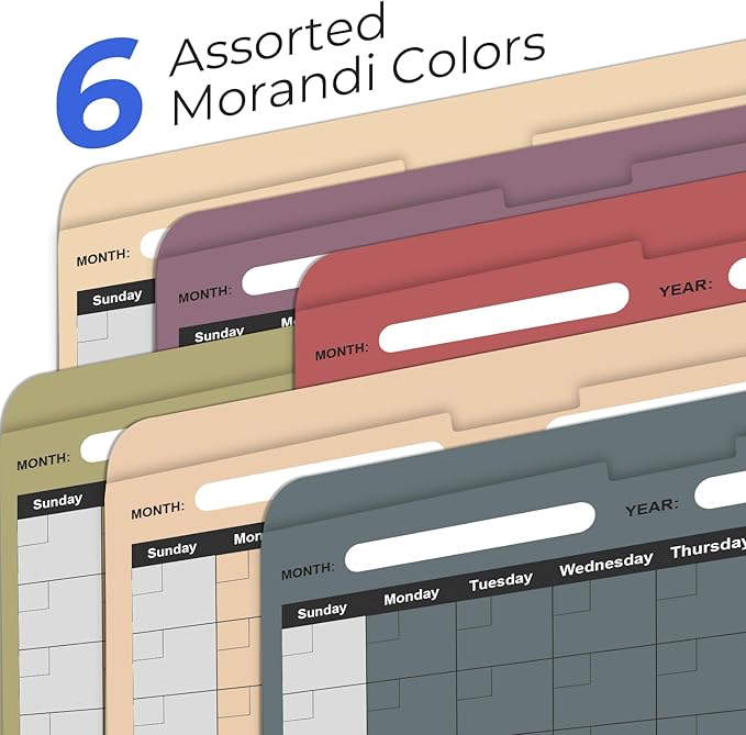 Y YOMA 6 Pack File Folder Jackets Letter Size Paper Pocket File Folder with Reinforced Straight-Cut Tab Pre-Printed Job Folders No Expansion Organizer for Office, Assorted Colors, Calendar Design