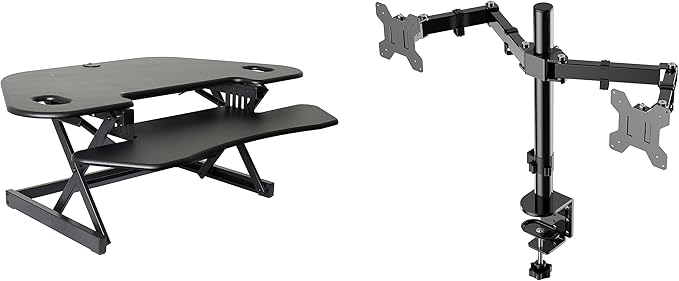 Rocelco 46" Height Adjustable Corner Standing Desk Converter with AC Outlet USB Charger and Dual Monitor Arm Mount - Stand Up Tabletop Riser Workstation - Keyboard Tray - Black (R CADRB-46-ACUSB-DM2)