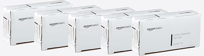 Amazon Basics Jumbo Size Office Paper Clips, Non Skid, 1000 Count (10 Pack of 100), Silver, A7072557