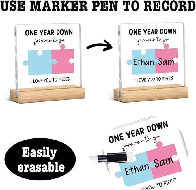 1 Year Anniversary Unique Gifts for Boyfriend Girlfriend,1 Year Anniversary Plaque Gifts for Couple Wipeable Acrylic Sign for Women Man Boyfriend and Girlfriend with Wood Stand 4 X 4 Inch