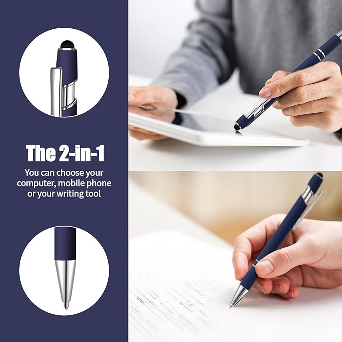 8 Pieces Ballpoint Pen with Stylus Tip Black Ink 2 in 1 Stylus Metal 1.0 mm Medium Point Smooth Pen Rainbow Colorful Rubberized Ballpoint for Touch Screen Tablet(Dark Blue)