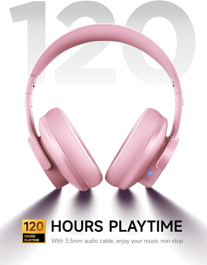 Picun B8 Headphones Wireless Bluetooth, 120H Bluetooth Headphone Over Ear with 3EQ Music Modes, Hands-Free Calls, Deep Bass Headphones for Travel Home Office Cellphone PC (Pink)