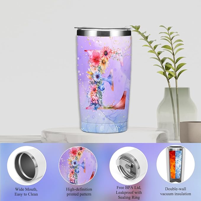 Personalized Gifts Monogrammed Birthday Gifts for Women, Daughter Bestie Friendship Christmas Initial 20 oz Tumbler, Makeup Bag Cup Ballpoint Pens Journal Notebook 6 Set, (Aesthetic Purple Flower E)
