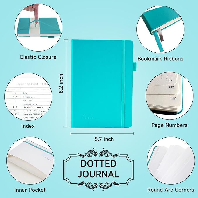 feela Dotted Journal Kit, Dot Grid Journal Hardcover Planner Notebook Set For Beginners Women Girls Note Taking with Journaling Supplies Stencils Stickers Pens Accessories, A5, 224 Pages, Teal