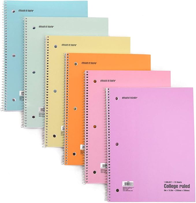 Mintra Office Spiral Notebooks - 1 Subject, 70 Sheets, College Ruled, 8in x 10in, Bulk Pack, Pastel Covers, Set of 6 - for School, Office, Business, Professional (04693)