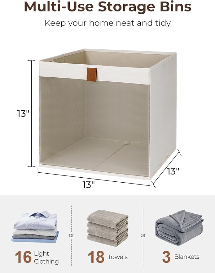 StorageWorks 13x13 Storage Cubes, Closet Storage Bins with Clear Window, Large Fabric Organizer for Clothes, Collapsible Storage Baskets with PU Handles, Beige, 3-Pack