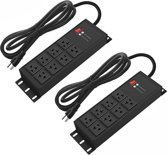 CCCEI 2PCS Heavy Duty Power Strip Surge Protector 20 AMP, 8 Outlets 12 Gauge Shop Garage Metal Multiple Outlets, 4 FT Extension Cord 5-15P Adapter High Amp 6-20R T-Slot 20a for Appliance Black.