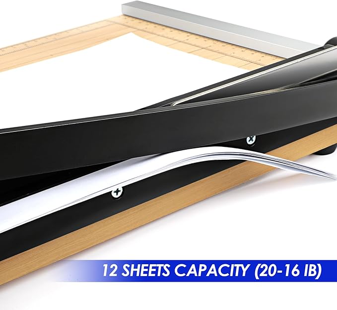 Paper Cutter, 12" Wood Guillotine Paper Trimmer, 12 Sheet Capacity, Heavy Duty Paper Slicer with Adjustable Guide, Safety Guard and Blade Lock