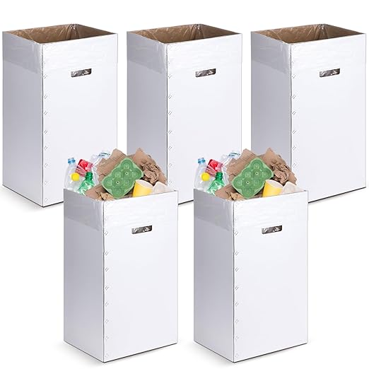 Tioncy 5 Pcs Cardboard Trash Cans Disposable and Reusable Corrugated Cardboard Trash Cans Recycling Bins Bulk with 10 Garbage Bags White Garbage Boxes for Parties Events(20 Gallon)