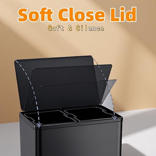 Dual Trash Can with Lid, 16 Gallon/60L Stainless Steel Recycling Trash Bin with 2 Removable Waste Buskets and Wide Pedal, Black Garbage Bin for Home Kitchen