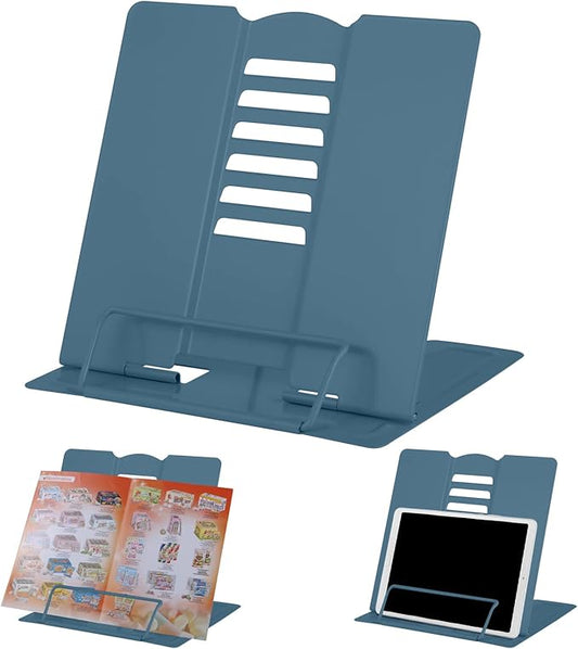 MSDADA Desk Book Stand Holder for Reading, Adjustable Cookbook Stand Metal Reading Stand for Textbooks Recipes Music Books Tablet (Morandi Navy)