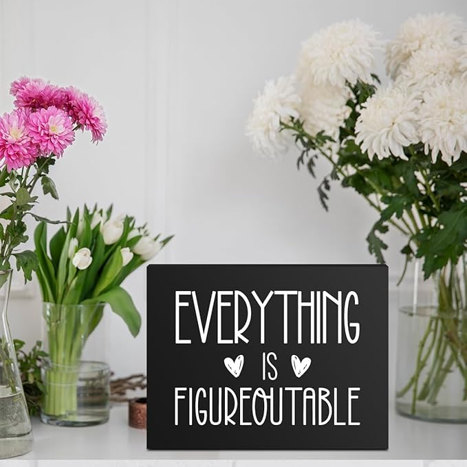 Everything Is Figureoutable Wooden Box Sign Decorative Inspirational Farmhouse Wood Box Sign Home Office Decor Motivational Gift Rustic Square Desk Decor Sign for Shelf 6 x 8 Inches Black