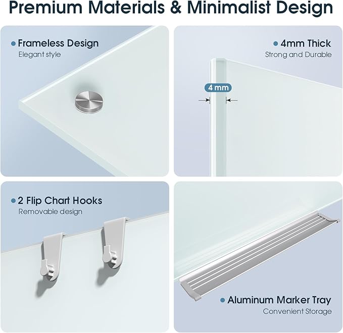 MaxGear Glass White Board 96x48 Inches, Wall Mounted Magnetic Glass Dry Erase Board, Extra Large Frameless Whiteboard with 1 Eraser,3 Markers and 6 Magnets for Office, School, Home