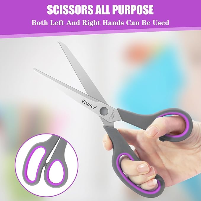 Vitoler Scissors All purpose, 8.5" Heavy Duty Scissors for School Office Supplies,Kitchen Shears for Food Fabric,Right/Left Handed School Scissor for Kids