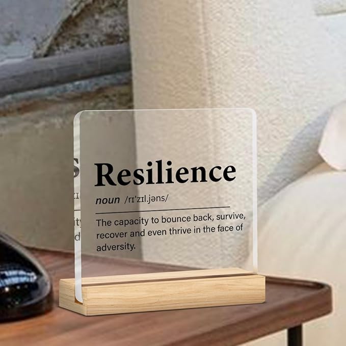 Inspirational Gifts for Women Men, Motivational Encouragement Gifts Resilience Definition Clear Acrylic Desk Decor Decorative Sign for Home Office, 4 x 4 Inches
