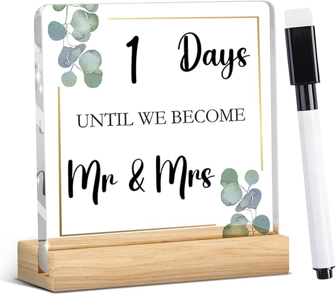 Wedding Countdown Items,Countdown to Wedding Just Engaged Gifts for Couple Wipeable Acrylic Sign for Women, Bride and Groom, Newly Future Mrs with Wood Stand 4 X 4 Inch