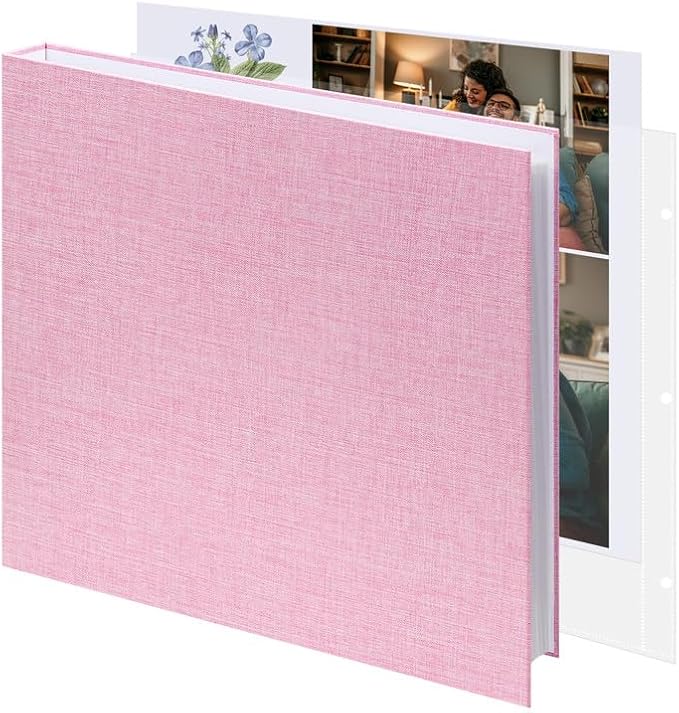 Vienrose Scrapbook 12x12 Inch Large 3 Ring Binder Photo Album, Linen Cover DIY Scrap Book with 30 Sheets Plastic Sleeves 60 Pages Blank White Inner Pages for Wedding Birthday Baby Travel Pink